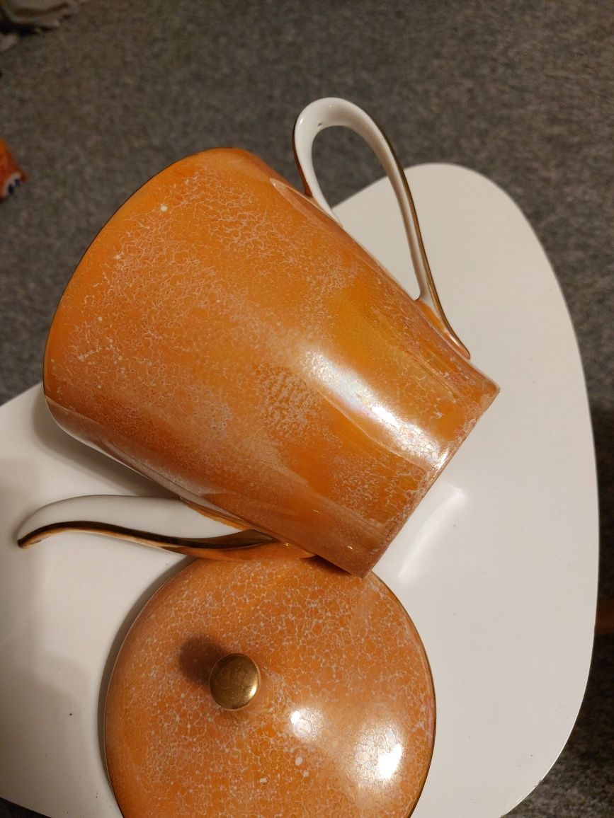 Imbryk ćmielów porcelana pomarańczowy marmurek duży dzbanek PRL
