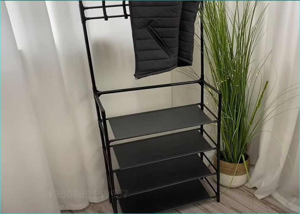 Вішалка поличка металева стійка для одягу з полицями для взуття