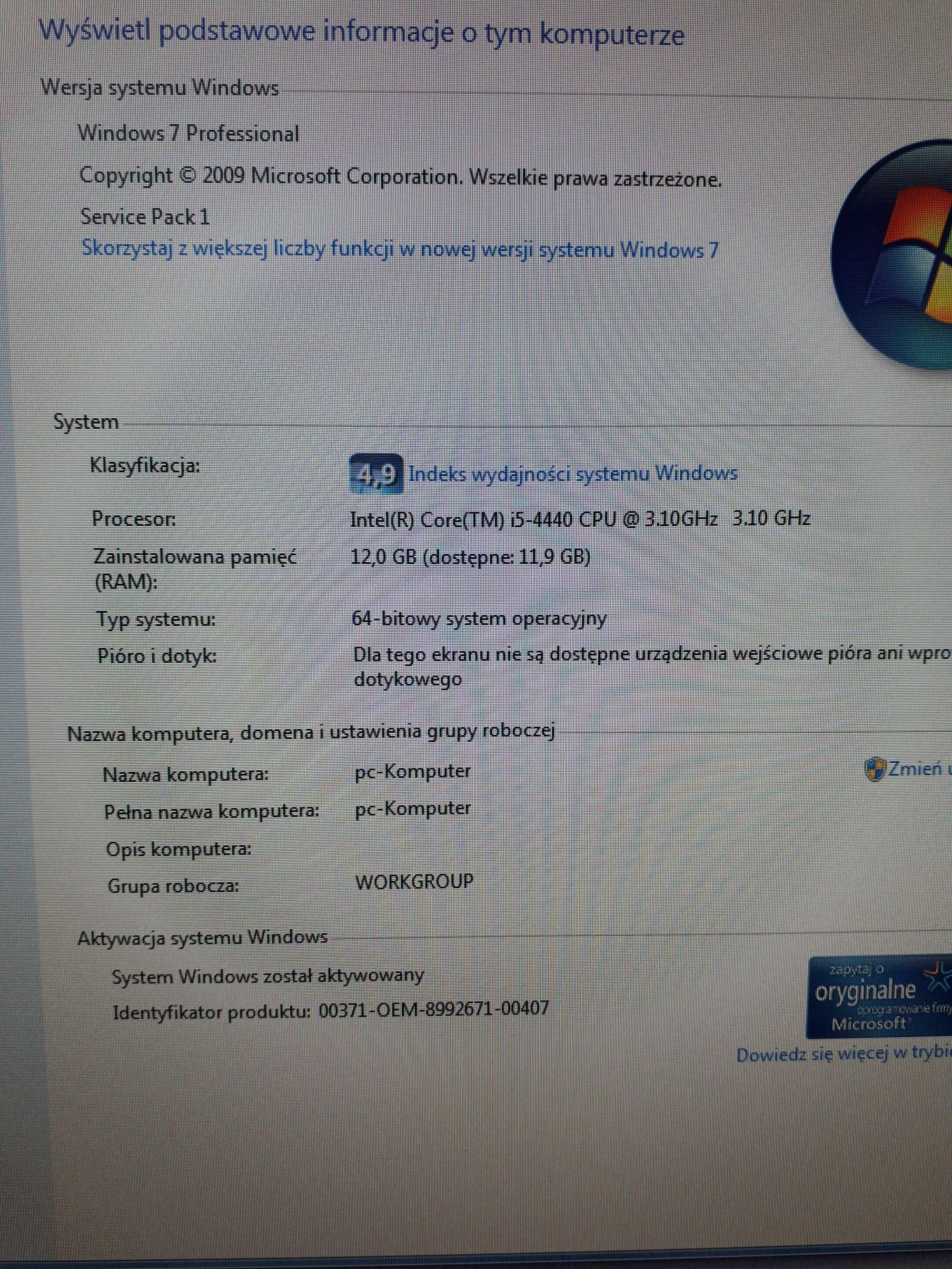 Komputer stacjonarny procesor i5-4440, 250 gb dysk, 12 Gb ram, monitor