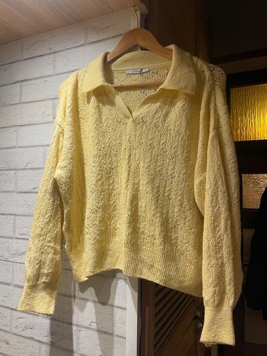 Sweter żółty ażurowy z kołnierzem Polo cienki George L M XL