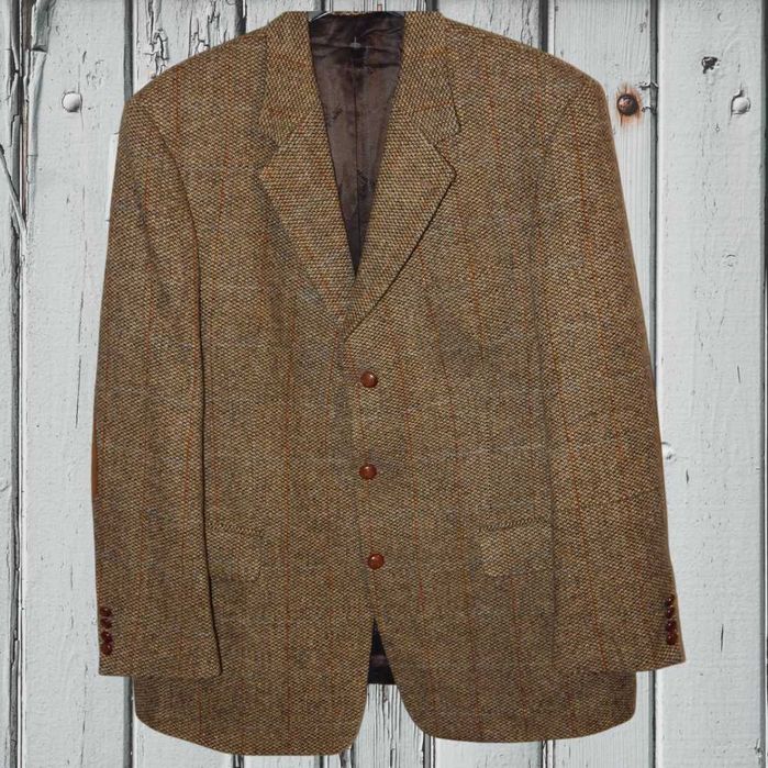 Шерстяной твидовый пиджак в бежевую клетку Harris Tweed Atwardson