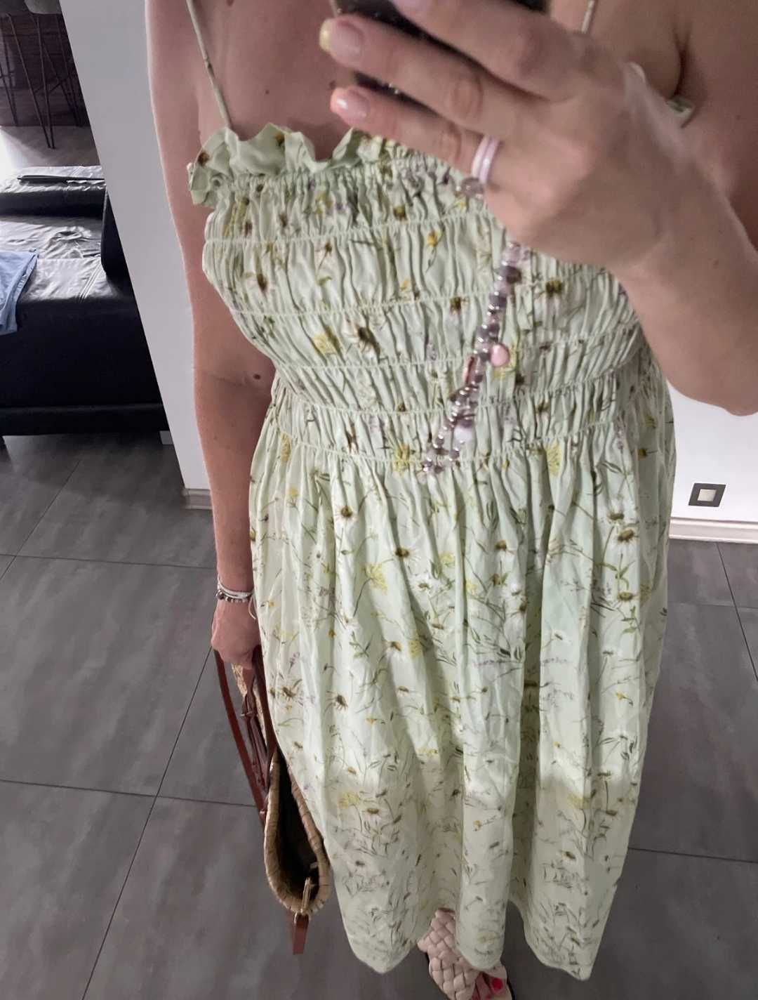 H&M pistacjowa bawełniana sukienka w kwiatuszki na ramiączkach L