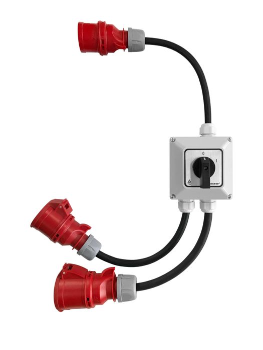 Przejściówka z wyłącznikiem 0-1, gniazda 1x16A 5P 400V + 1x32A 5P 400V