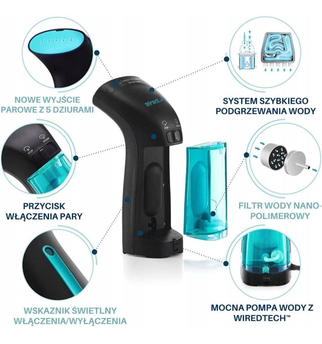 WIREDLUX Parownica do Ubrań Parownik Żelazko Parowe 900W
