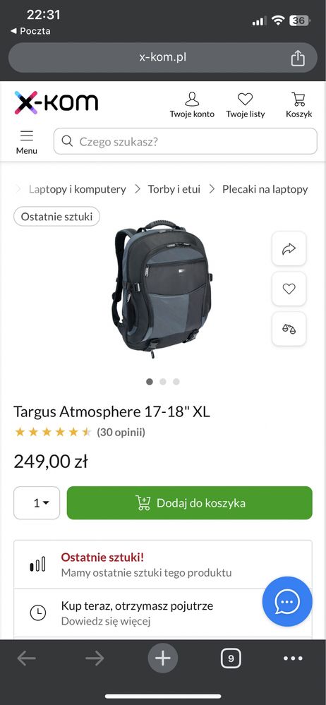 Plecak na laptopa 17,3’’ 18’’ targus