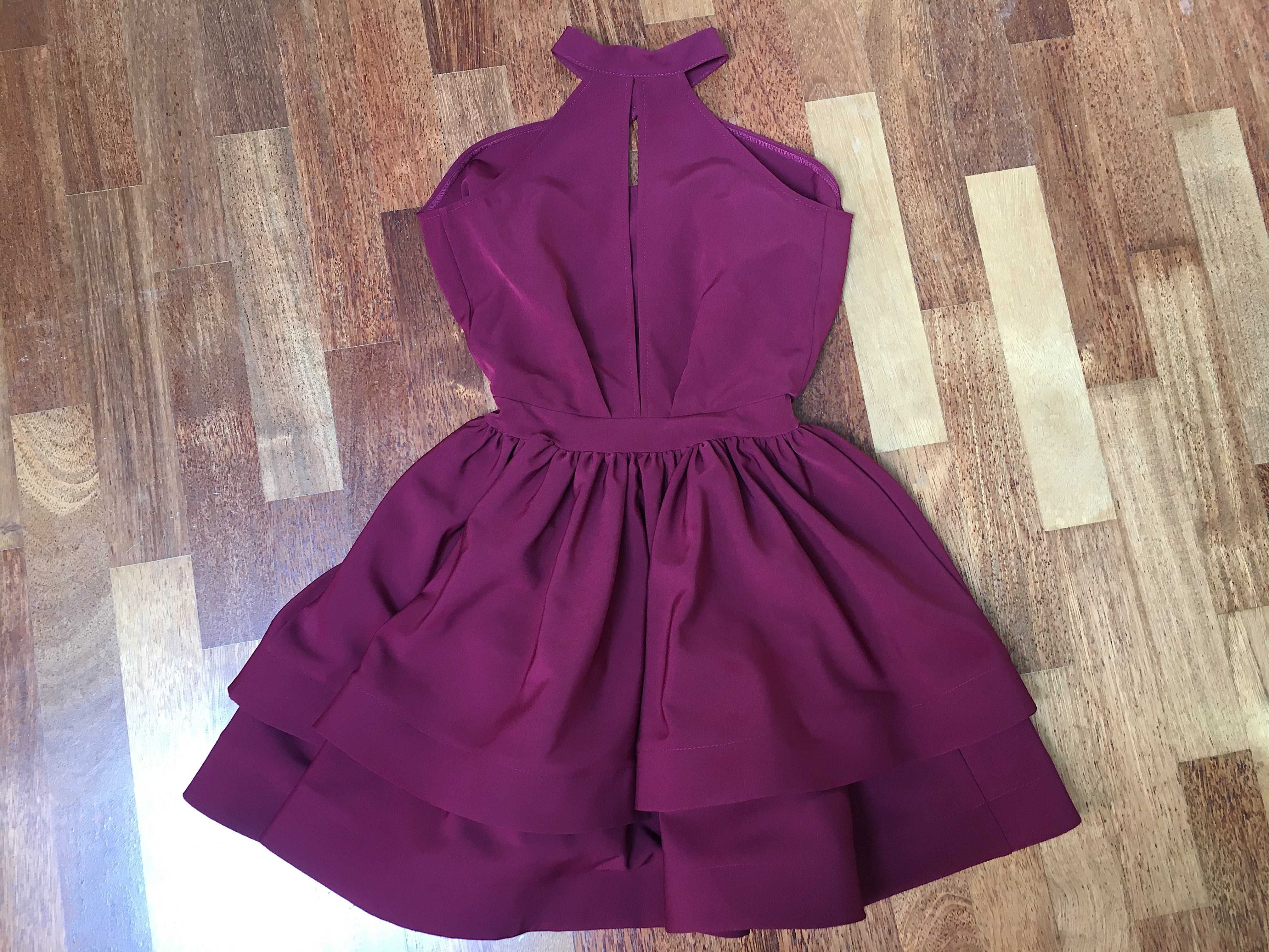 rozkloszowana bordowa burgund sukienka 34 wesele studniówka bal