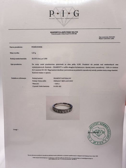 Złoty pierścionek z diamentami 0,84ct Si/H-J (wycena na 6150zł)