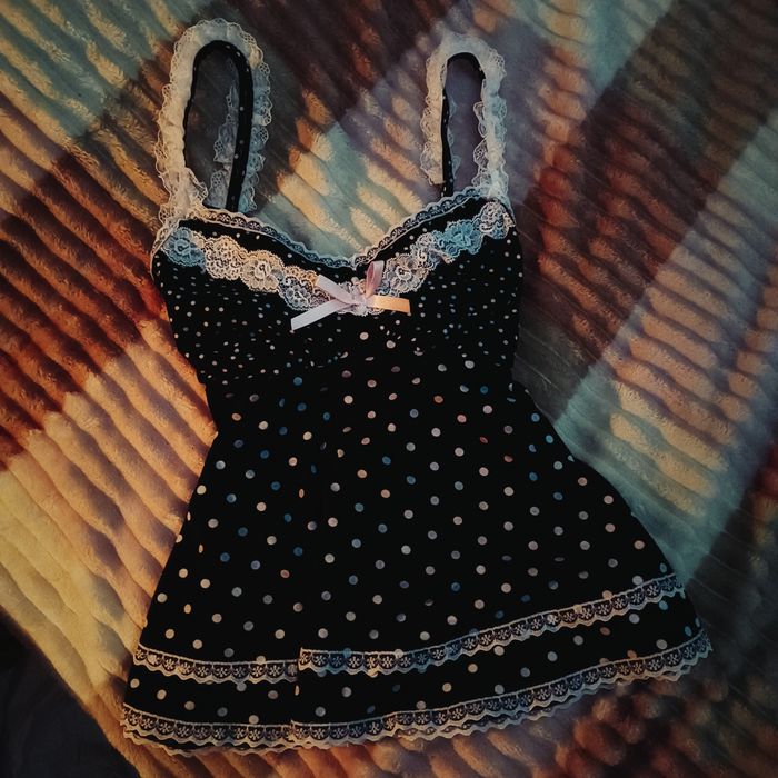топ-маечка с кружевом! черная, бретельки, бант, горошек