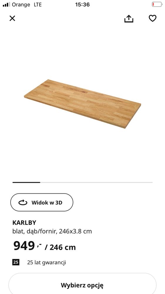 Nowy Blat KARLBY Ikea 246 cm grubość 3,8 cm dębowy fornir