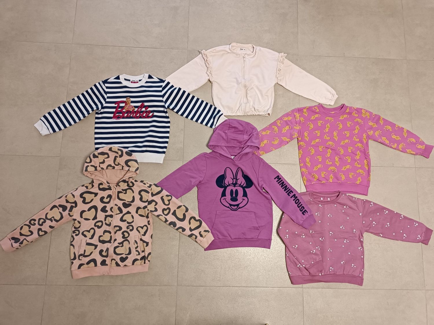 Zestaw 6 x bluza dziewczęca, Barbie, Minnie, panterka, rozmiar 128