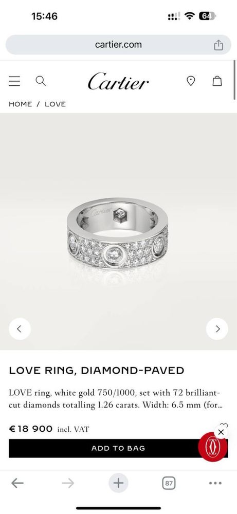 Кольцо в стиле Cartier LOVE Белое золото 750 проба