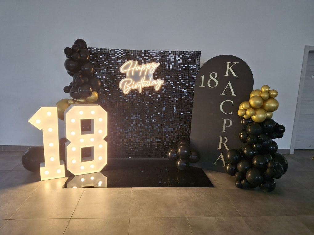 Ścianka do zdjęć dekoracja urodziny wynajem balony girlanda led
