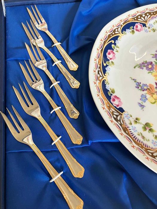 Conjunto porcelana vintage padrão folha de ouro sobremesa c caixa