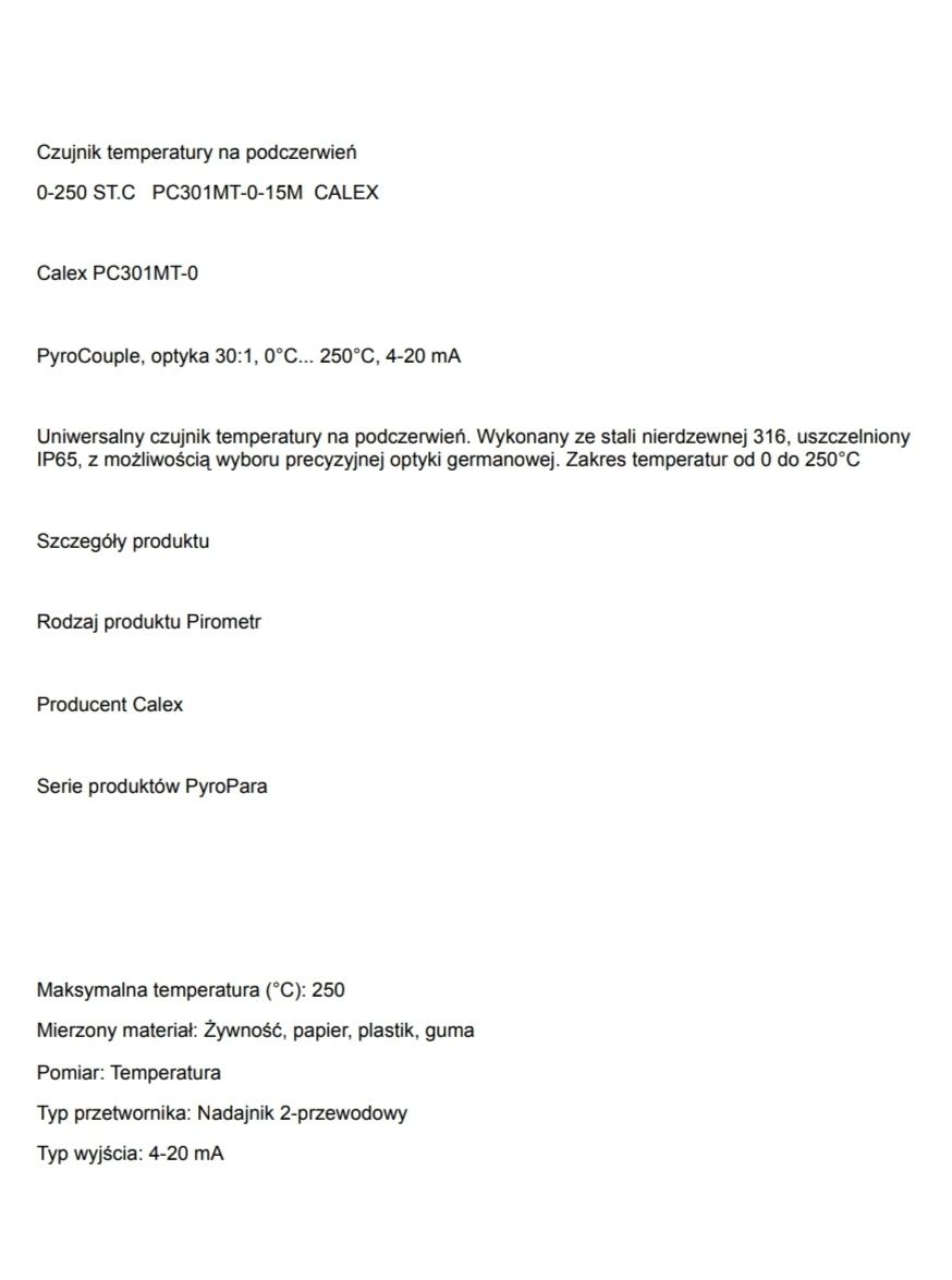 Czujnik temperatury na podczerwień PC301MT-0-15 Calex