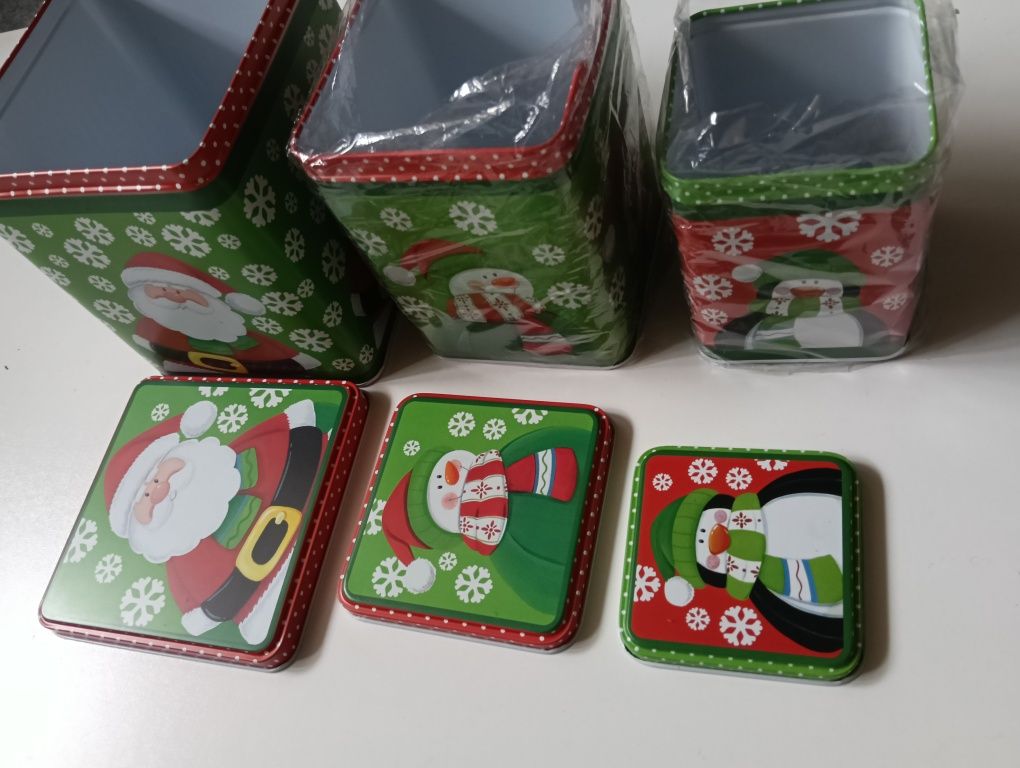 Świąteczny zestaw puszek ozdobnych – NOWE (3 sztuki)