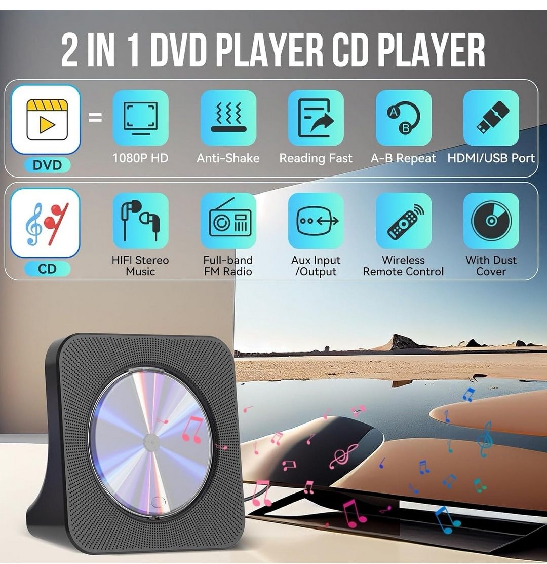 Gueray Odtwarzacz DVD/CD Bluetooth 5.0 FM HDMI USB Nowy!