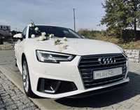 Samochód do ślubu eleganckie białe Audi Sedan A4 S-Line udekorowane