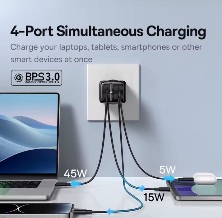 Baseus GaN 6 Pro 65w +кабель 100W фіолетові/блакитні Зарядка для Andro