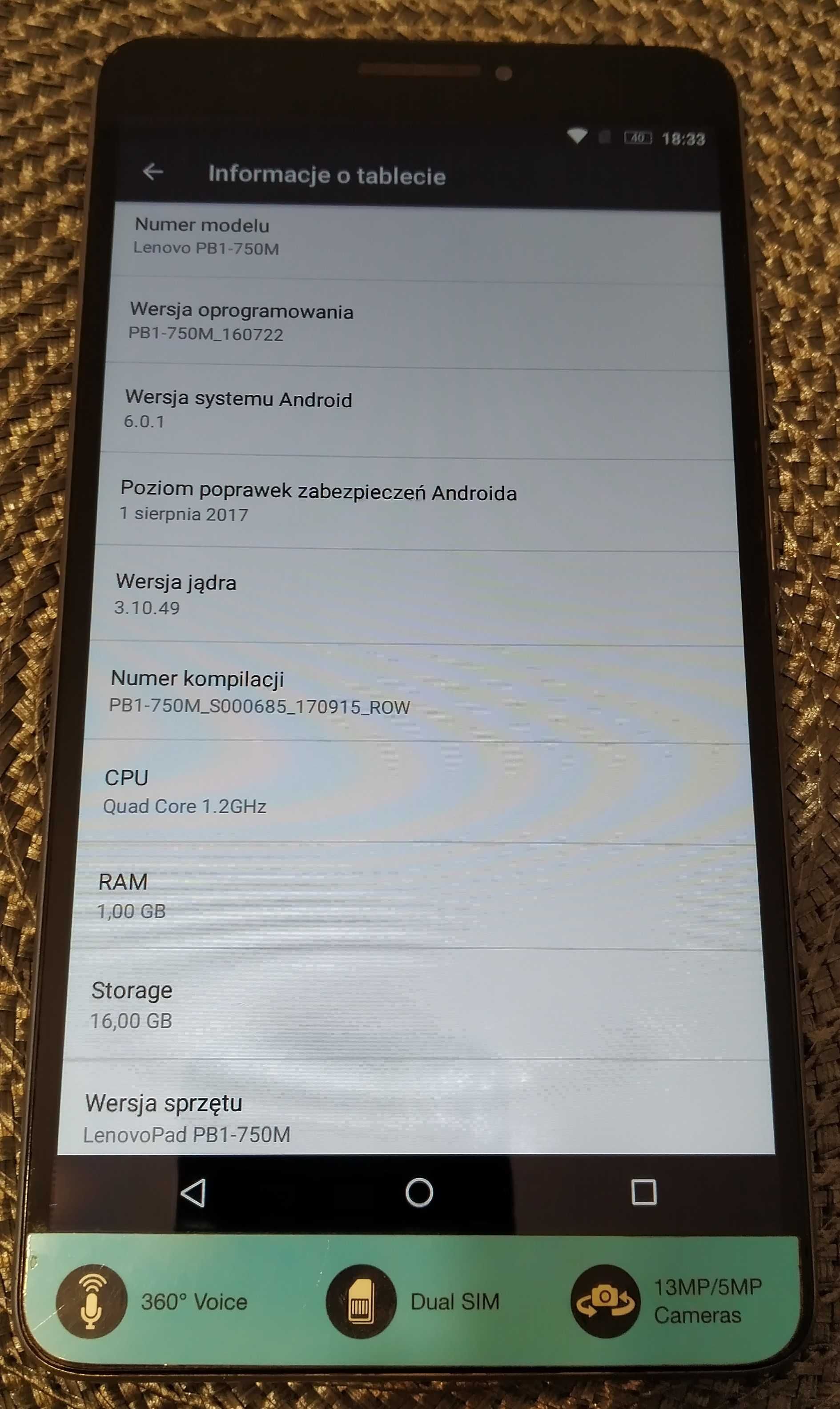 Tablet LENOVO PHAB PB1-750M, 16 GB, Dual SIM, LTE, Ekran 6,98" komplet