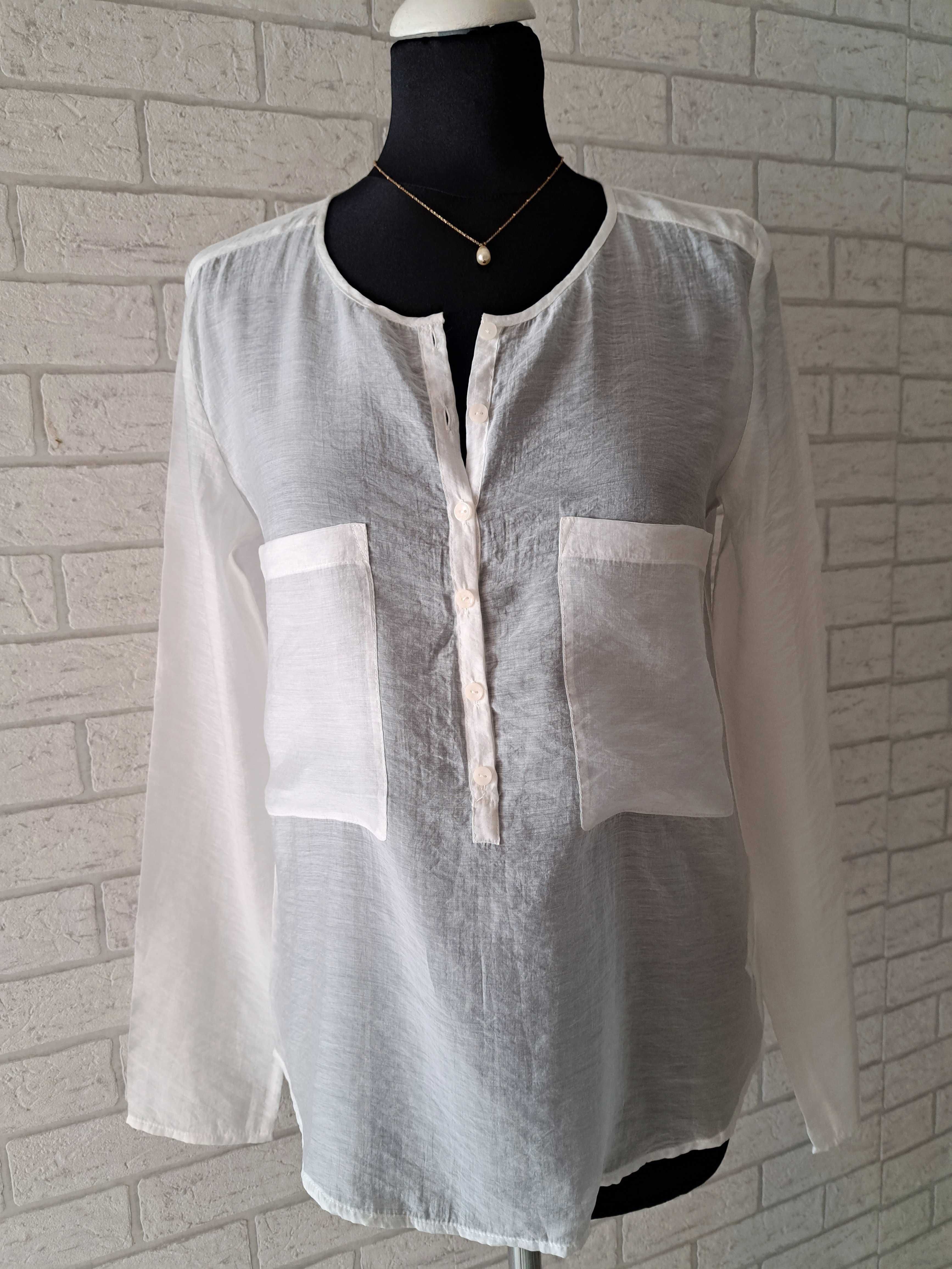 Nowa biała koszula oversize, z dwiema kieszeniami, naturalny skład S/M
