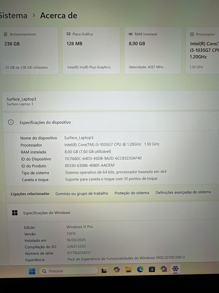 Portátil Microsoft Surface Laptop 3 13″ Touch i5-1035G7/8GB/256GB/SSD