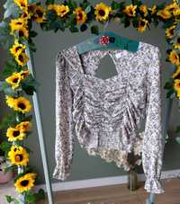 Boho bluzka damska crop top z długim rękawem jasna w kwiatki M hippie