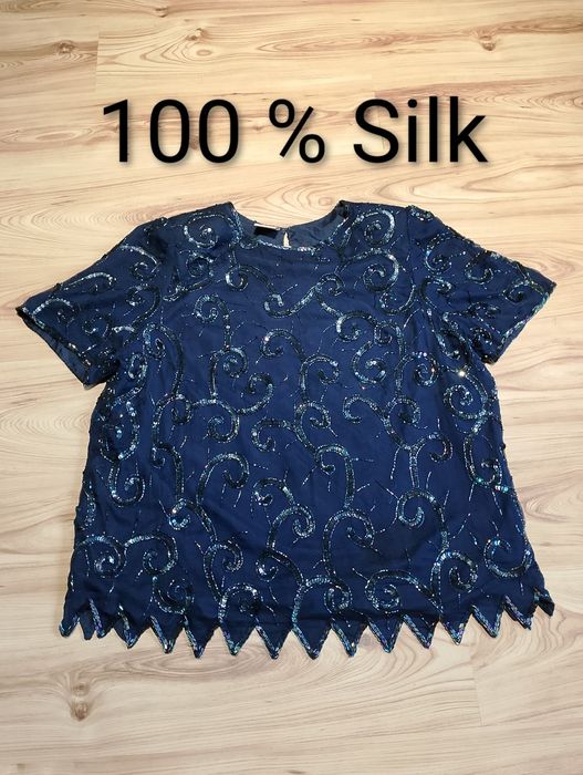 Granatowa Jedwabna Bluzka Z Cekinami Compliments