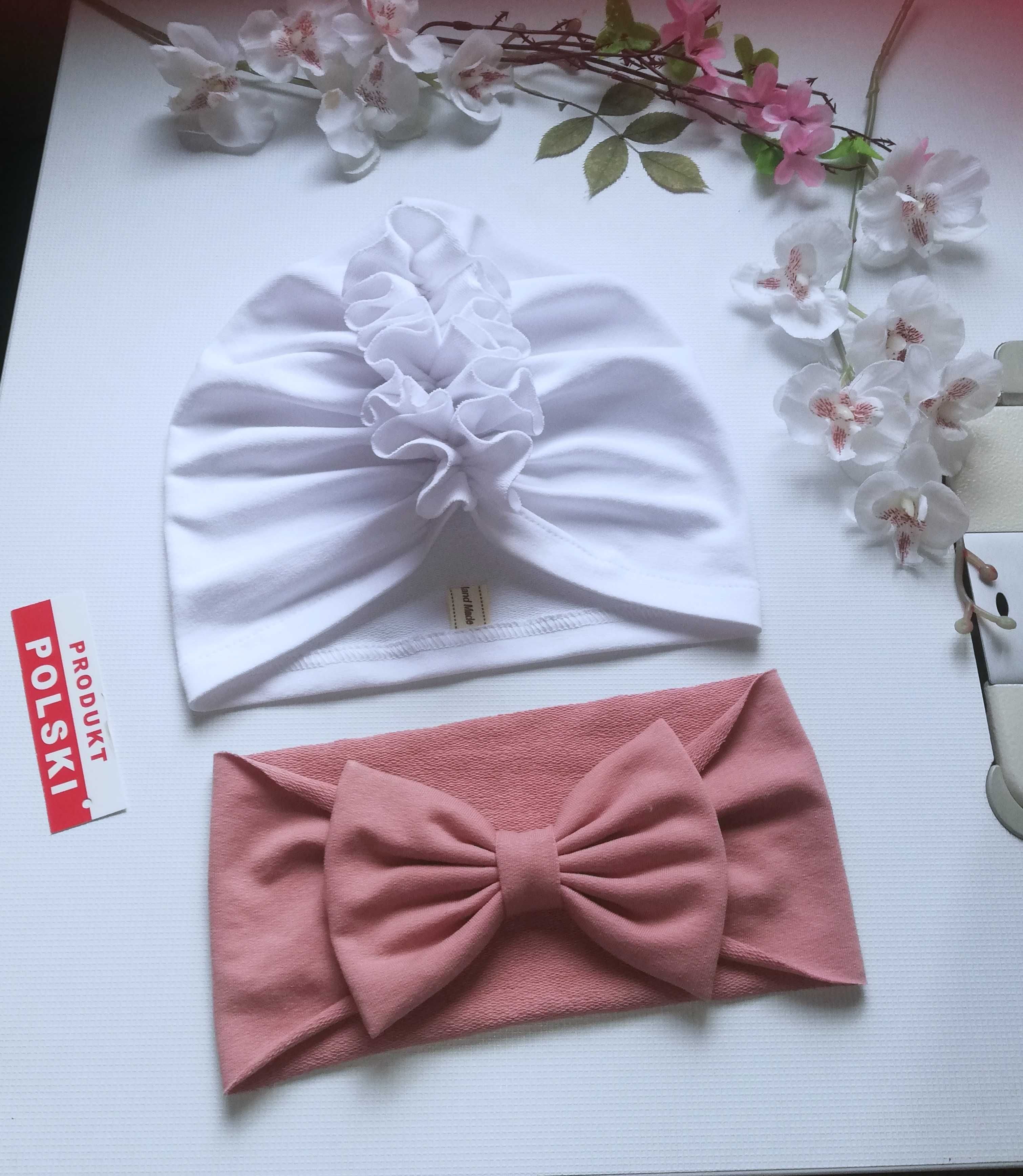 * Czapeczka turban + szeroka opaska z kokardą - komplet niemowlęcy *
