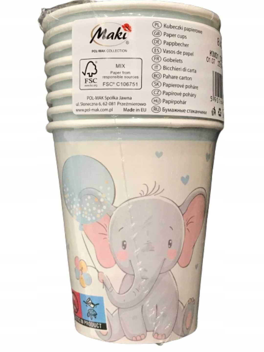 Kubki papierowe urodziny  250ml 1kpl-8szt słonik chłopiec