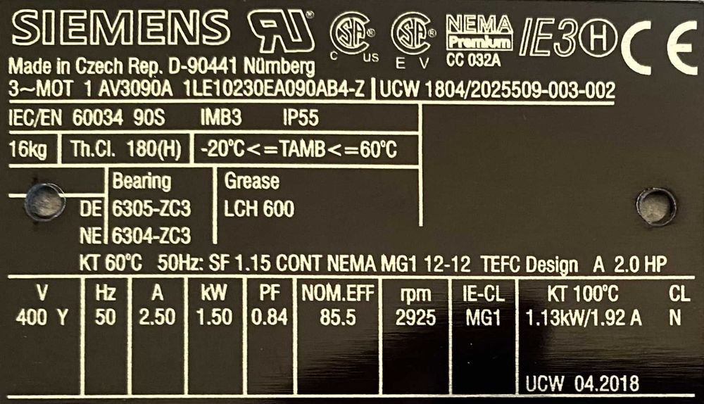 silnik elektryczny 1,5kW 2925obr. 3fazowy SIEMENS IE3