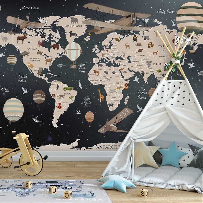 Fototapeta Dla Dzieci Mapa Świata Ciemna 3D Na Twój Rozmiar + KLEJ