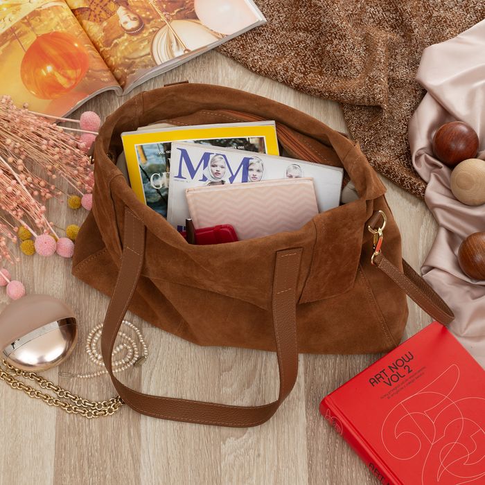 VERA PELLE torebka damska zamszowa shopper z paskiem V676 camel