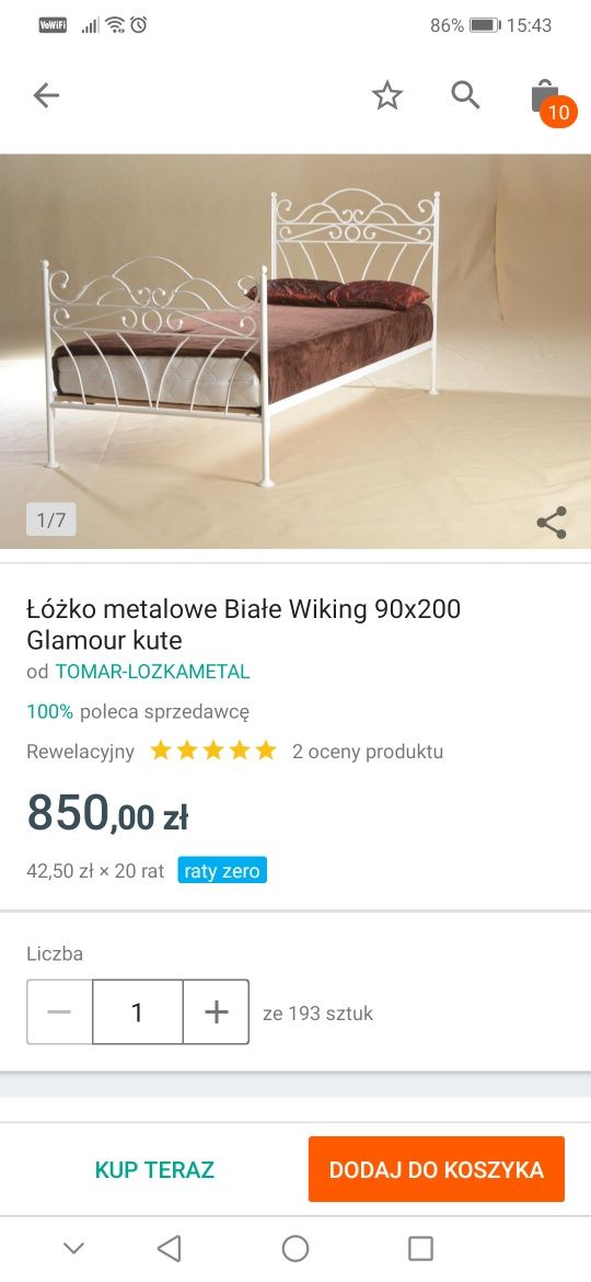 Łóżko pojedyncze kute metalowe Glamour 90 x 190 / 200  białe