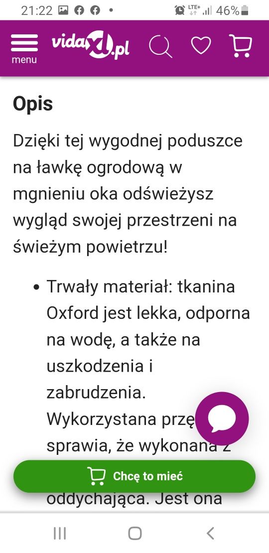 Poduszka na ławkę ogrodowa  huśtawke