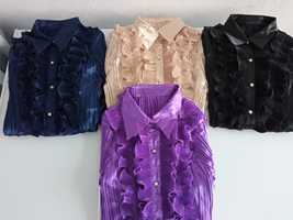 Camisas/camiseiros (preto, bege, roxo que moldam a silhueta-L e XL