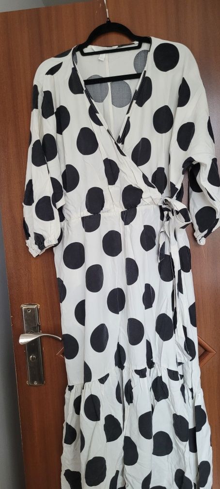 H&M XL viral sukienka maxi w grochy lyocell