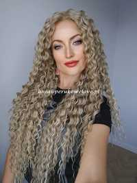 Peruka LACE FRONT blond z refleksami afro loki włosy na co dzień