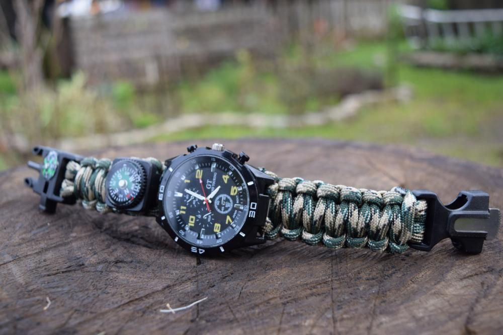 Pulseira paracord camuflada com RELÓGIO flint e bússola airsoft