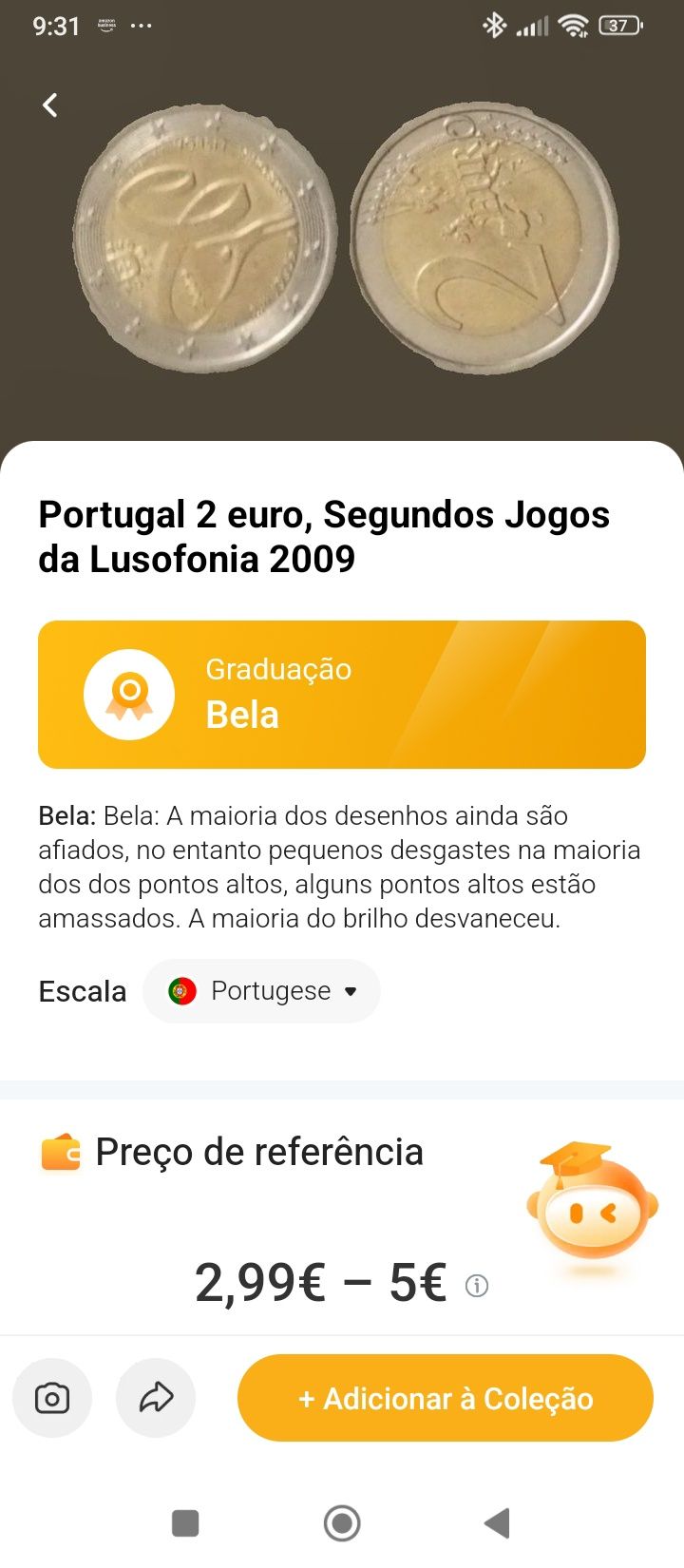 Moedas de 2€ e uma de 20 centavos