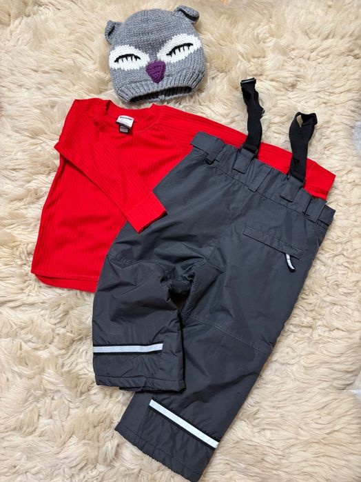 Spodnie zimowe szelki podkoszulka termiczna czapka z uszkami zestaw 92