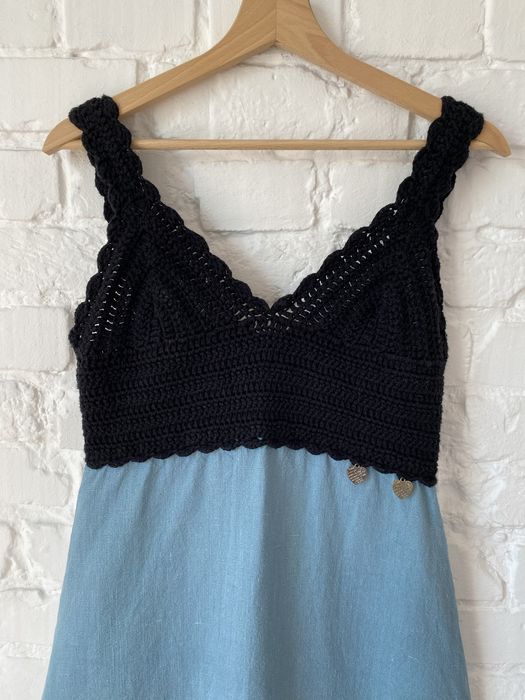 Śliczna sukienka vintage len szydełko handmade