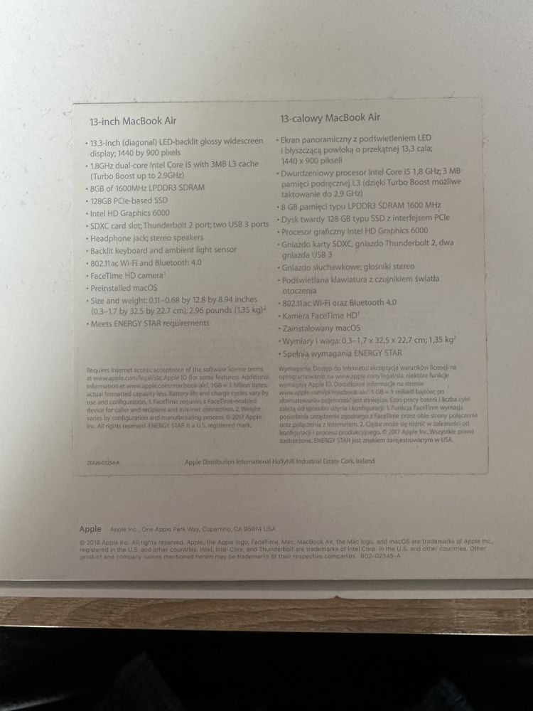 Apple Macbook Air - 13,3”/Intel 1.8GHz/8GB/128GB