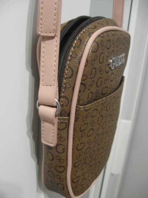 Oryginalna Damska Torebka Guess Listonoszka Logowana Brąz /Pudrowy Róż