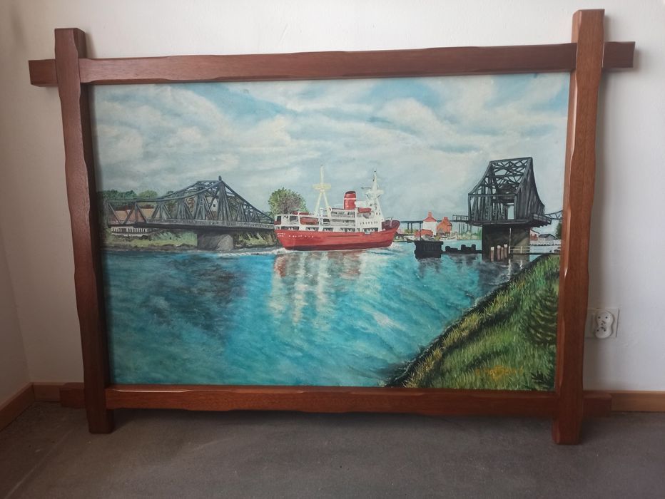 Duży obraz malowany morski, marynistyczny, kuter statek, okręt, port