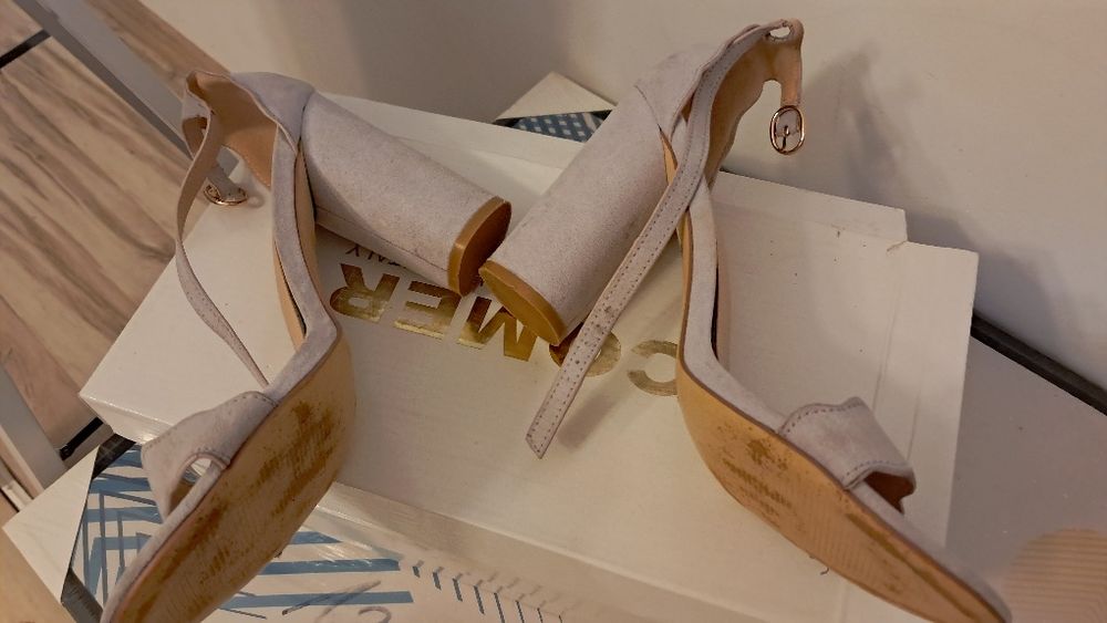 Sandałki szaro wrzosowe na słupku eco zamsz