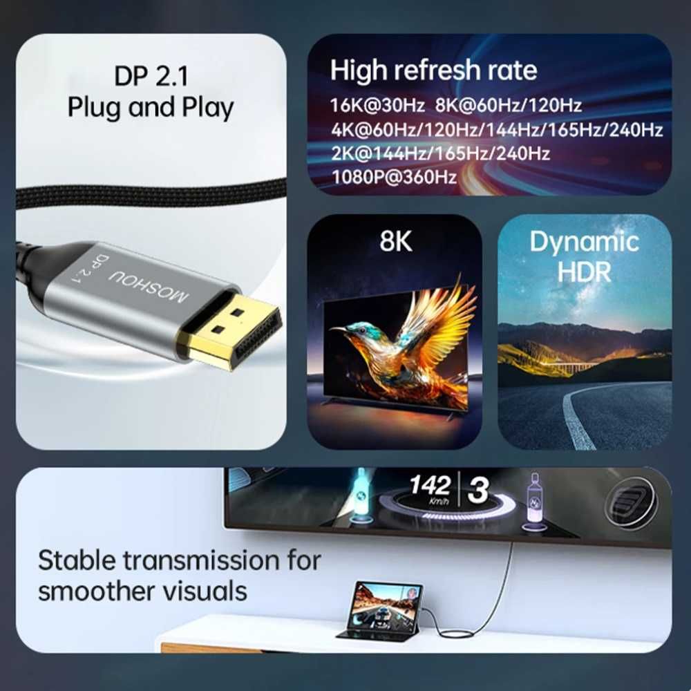 Кабель MOSHOU USB-C to DisplayPort 2.1 8K120Hz Thunderbolt 4 1м/2м/3м