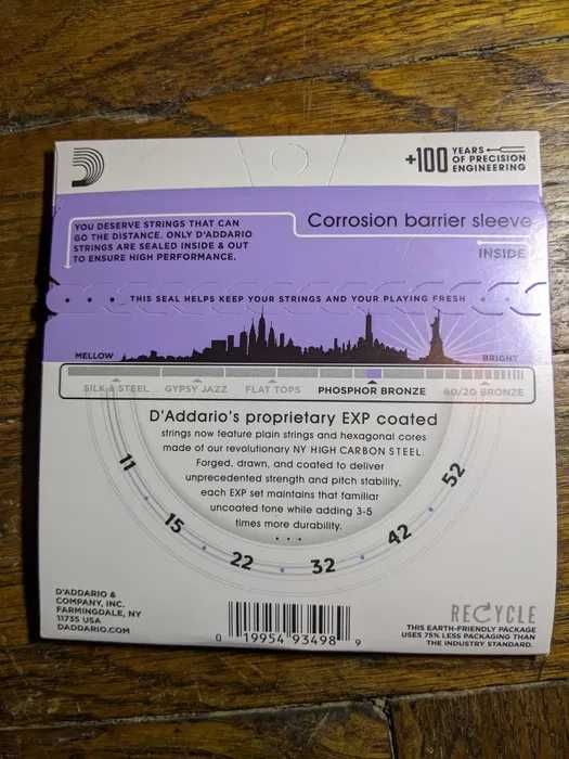 Струны D'addario EXP26 для акустической гитары (11/52) (фосф. бронза)