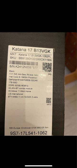 Laptop gamingowy MSI KATANA 17 B13VGK OKAZJA !