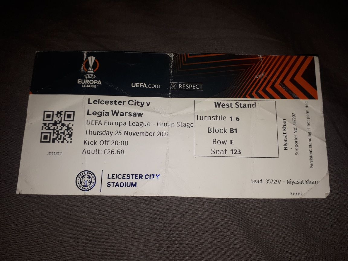 Używany bilet Leicester City - Legia Warszawa 25.11.2021