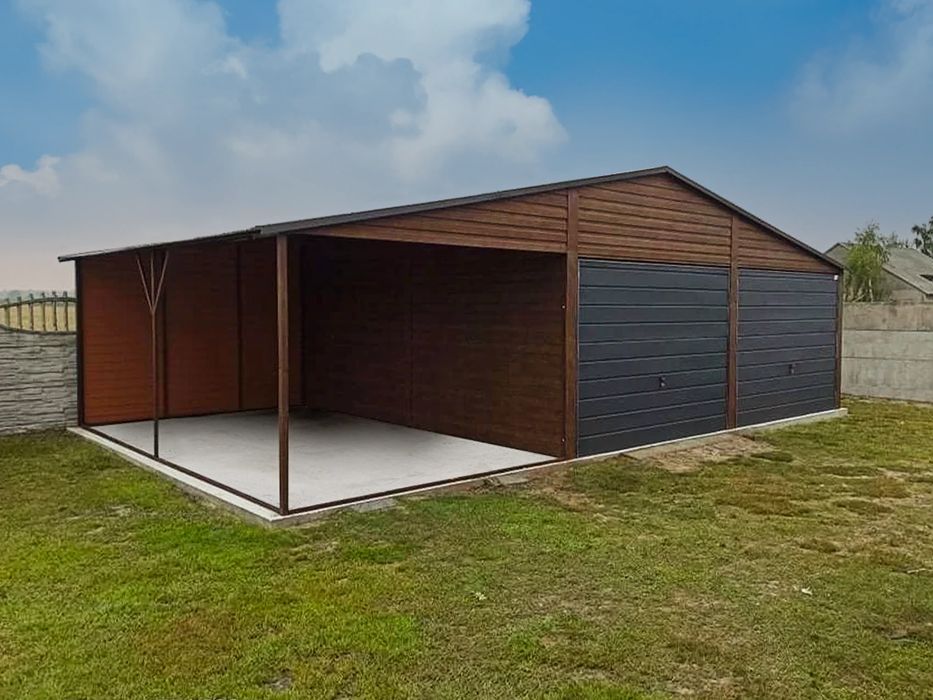 Garaż dwustanowiskowy 6x5 m wiata 3 m - Dach dwuspadowy, Brama uchylna